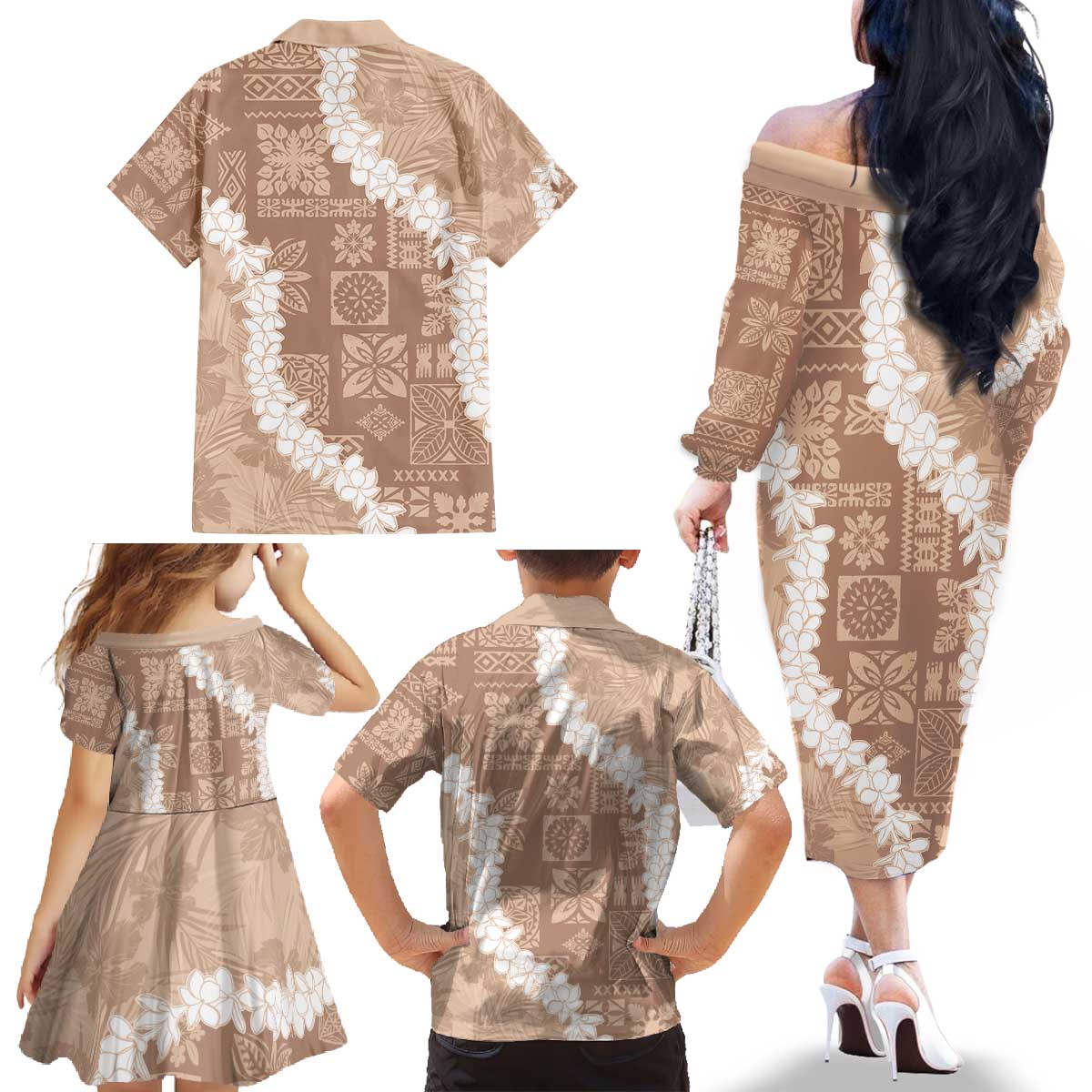 Hawaii Aloha Family Matching Off The Shoulder Long Sleeve Dress and Hawaiian Shirt Beige Quilt Patch Work Mix Plumeria Lei LT7 - Polynesian Pride