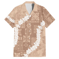 Hawaii Aloha Family Matching Off The Shoulder Long Sleeve Dress and Hawaiian Shirt Beige Quilt Patch Work Mix Plumeria Lei LT7 Dad's Shirt - Short Sleeve Beige - Polynesian Pride