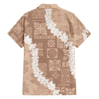 Hawaii Aloha Family Matching Off The Shoulder Long Sleeve Dress and Hawaiian Shirt Beige Quilt Patch Work Mix Plumeria Lei LT7 - Polynesian Pride