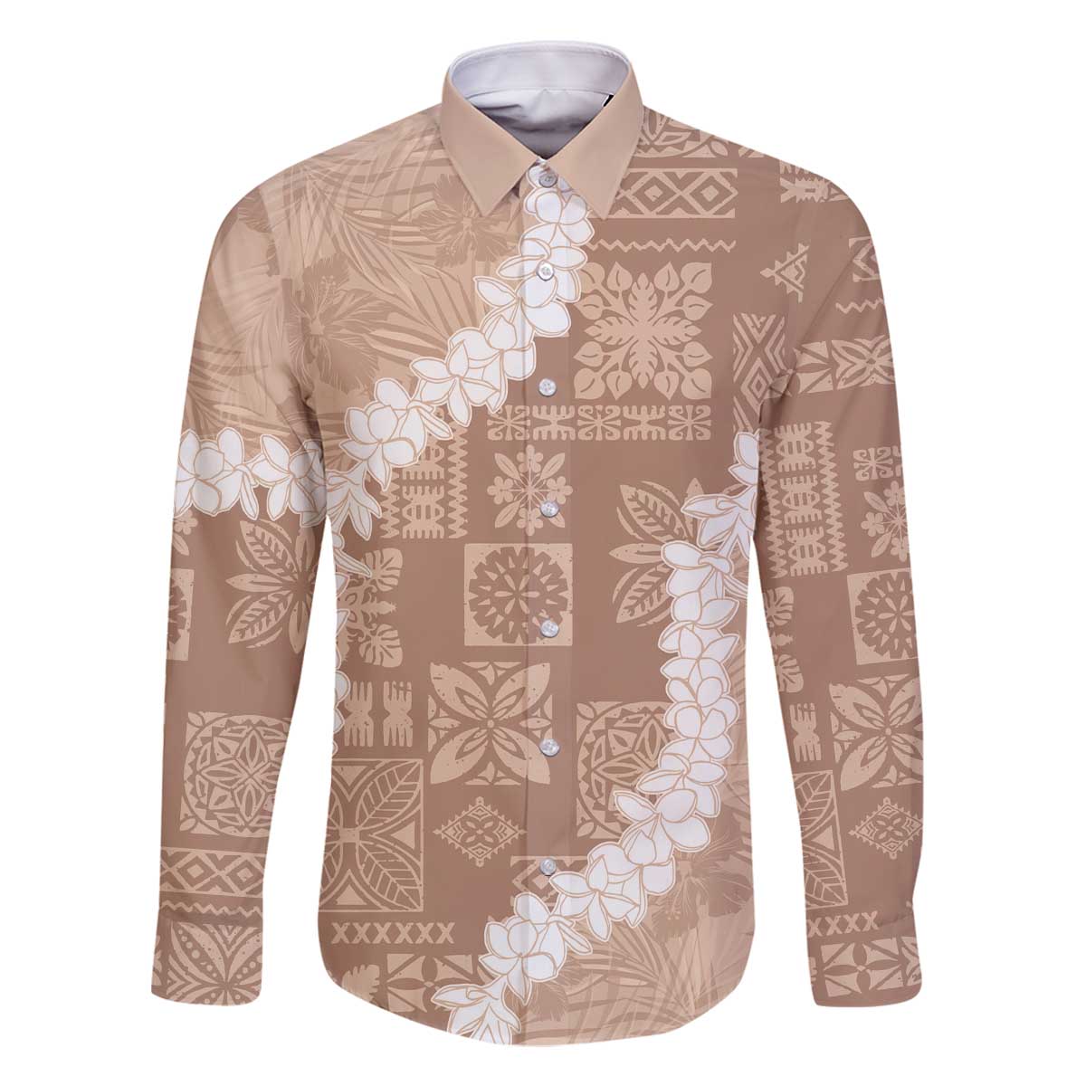 Hawaii Aloha Family Matching Off The Shoulder Long Sleeve Dress and Hawaiian Shirt Beige Quilt Patch Work Mix Plumeria Lei LT7 Dad's Shirt - Long Sleeve Beige - Polynesian Pride