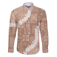 Hawaii Aloha Family Matching Off The Shoulder Long Sleeve Dress and Hawaiian Shirt Beige Quilt Patch Work Mix Plumeria Lei LT7 Dad's Shirt - Long Sleeve Beige - Polynesian Pride