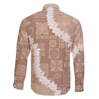 Hawaii Aloha Family Matching Off The Shoulder Long Sleeve Dress and Hawaiian Shirt Beige Quilt Patch Work Mix Plumeria Lei LT7 - Polynesian Pride