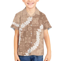 Hawaii Aloha Family Matching Off The Shoulder Long Sleeve Dress and Hawaiian Shirt Beige Quilt Patch Work Mix Plumeria Lei LT7 Son's Shirt Beige - Polynesian Pride