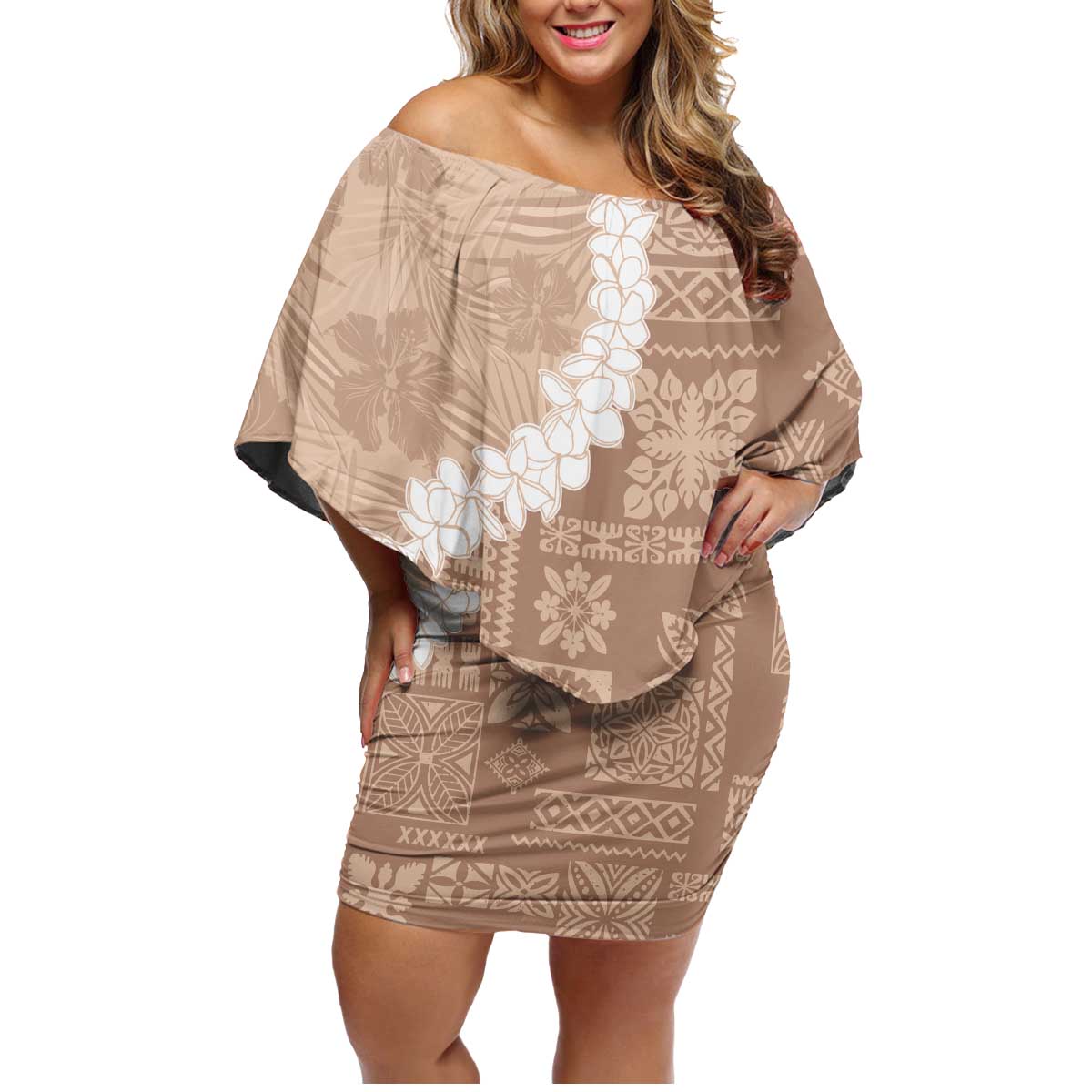 Hawaii Aloha Family Matching Off Shoulder Short Dress and Hawaiian Shirt Beige Quilt Patch Work Mix Plumeria Lei