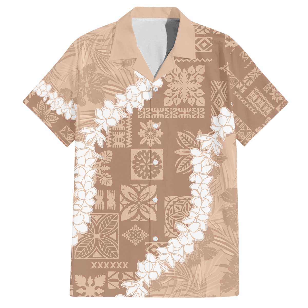 Hawaii Aloha Family Matching Puletasi and Hawaiian Shirt Beige Quilt Patch Work Mix Plumeria Lei LT7 Dad's Shirt - Short Sleeve Beige - Polynesian Pride