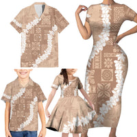 Hawaii Aloha Family Matching Short Sleeve Bodycon Dress and Hawaiian Shirt Beige Quilt Patch Work Mix Plumeria Lei LT7 - Polynesian Pride