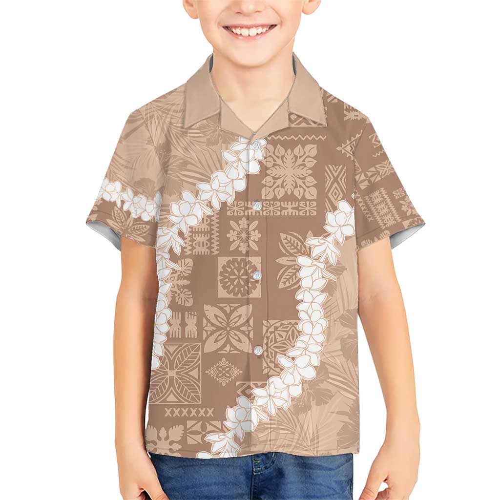 Hawaii Aloha Hawaiian Shirt Beige Quilt Patch Work Mix Plumeria Lei