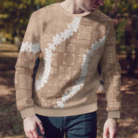 Hawaii Aloha Ugly Christmas Sweater Beige Quilt Patch Work Mix Plumeria Lei