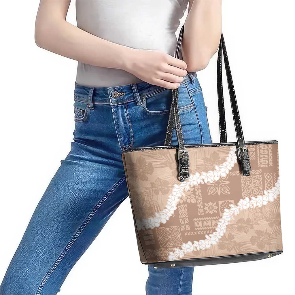 Hawaii Aloha Leather Tote Bag Beige Quilt Patch Work Mix Plumeria Lei LT7 - Polynesian Pride