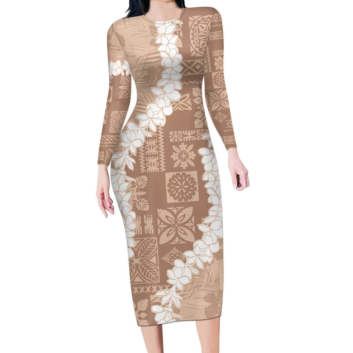 Hawaii Aloha Long Sleeve Bodycon Dress Beige Quilt Patch Work Mix Plumeria Lei LT7 Long Dress Beige - Polynesian Pride