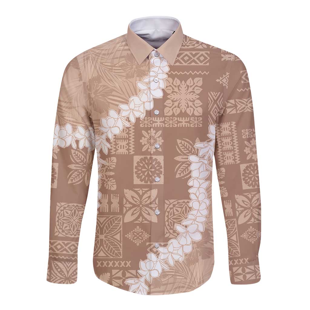 Hawaii Aloha Long Sleeve Button Shirt Beige Quilt Patch Work Mix Plumeria Lei LT7 Unisex Beige - Polynesian Pride