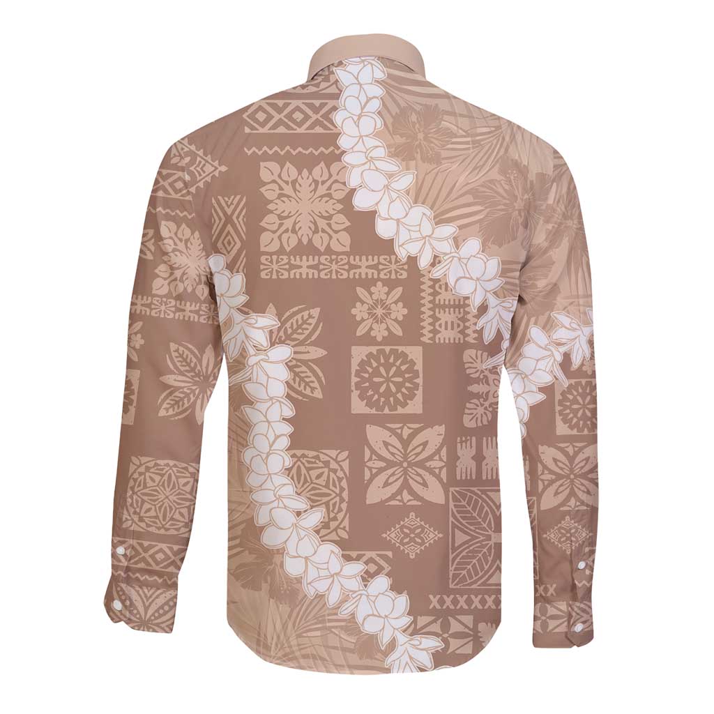 Hawaii Aloha Long Sleeve Button Shirt Beige Quilt Patch Work Mix Plumeria Lei LT7 - Polynesian Pride
