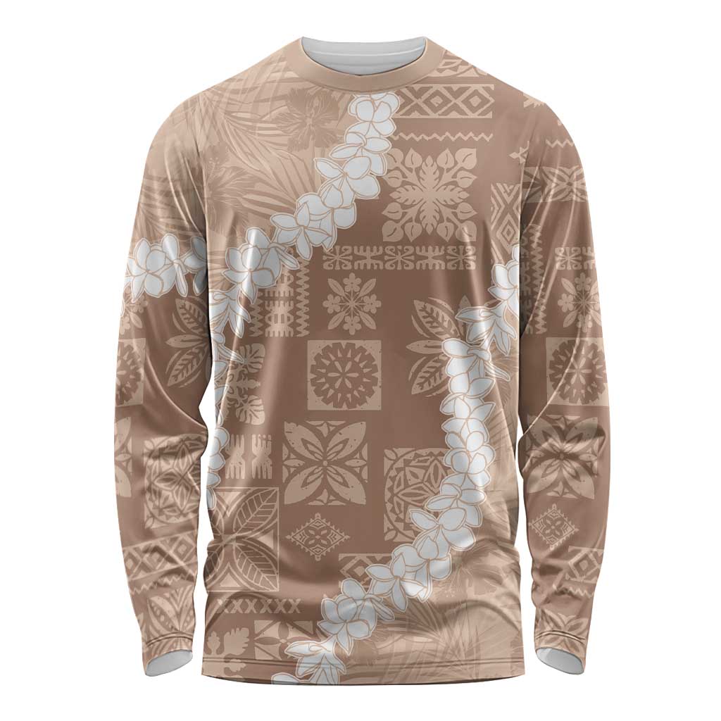 Hawaii Aloha Long Sleeve Shirt Beige Quilt Patch Work Mix Plumeria Lei LT7 Unisex Beige - Polynesian Pride