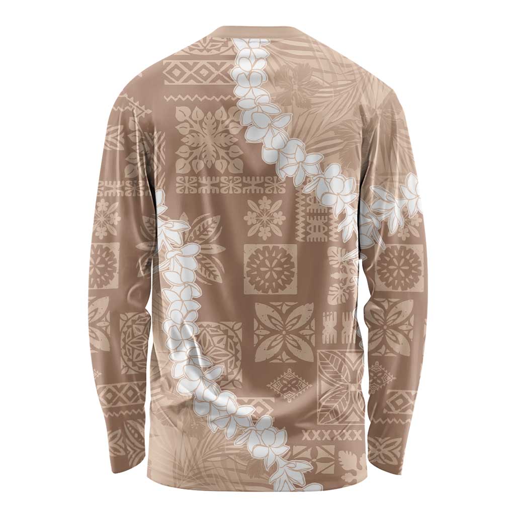 Hawaii Aloha Long Sleeve Shirt Beige Quilt Patch Work Mix Plumeria Lei LT7 - Polynesian Pride