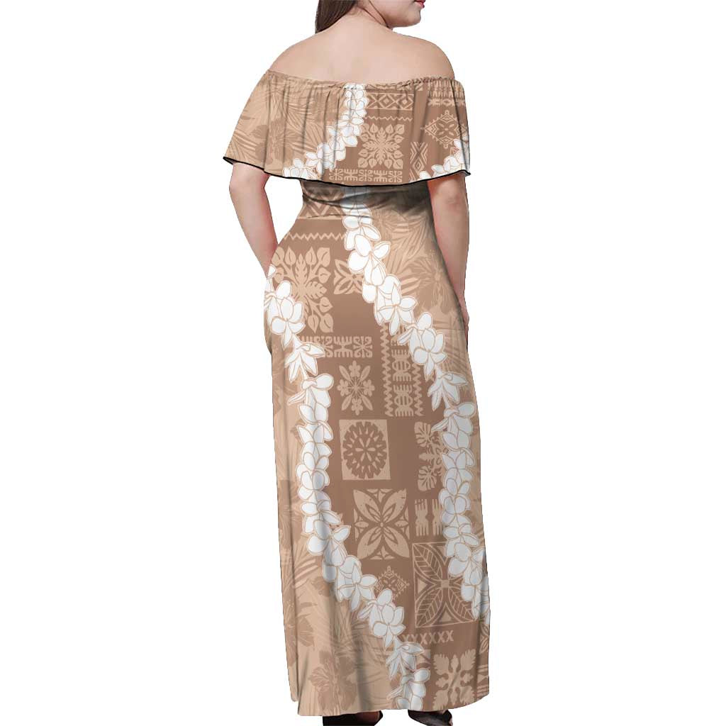 Hawaii Aloha Off Shoulder Maxi Dress Beige Quilt Patch Work Mix Plumeria Lei LT7 - Polynesian Pride