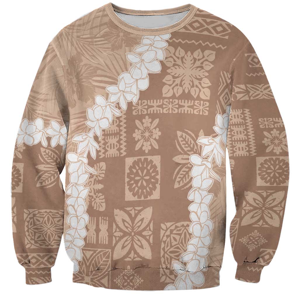 Hawaii Aloha Sweatshirt Beige Quilt Patch Work Mix Plumeria Lei LT7 Unisex Beige - Polynesian Pride