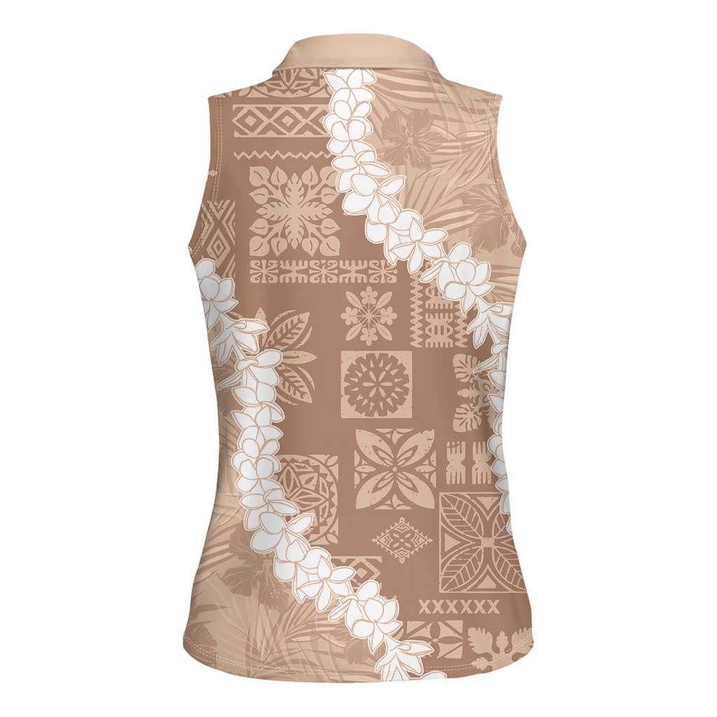 Hawaii Aloha Women Sleeveless Polo Shirt Beige Quilt Patch Work Mix Plumeria Lei