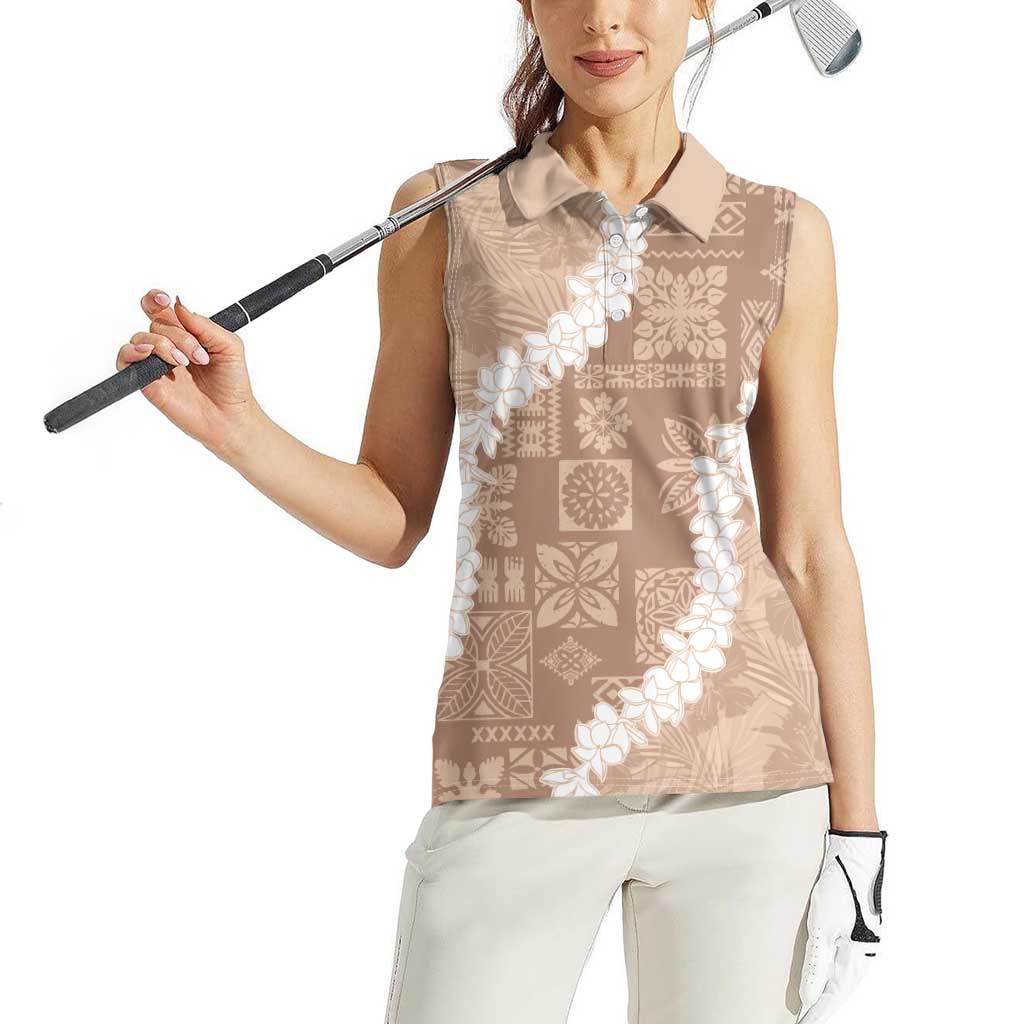 Hawaii Aloha Women Sleeveless Polo Shirt Beige Quilt Patch Work Mix Plumeria Lei