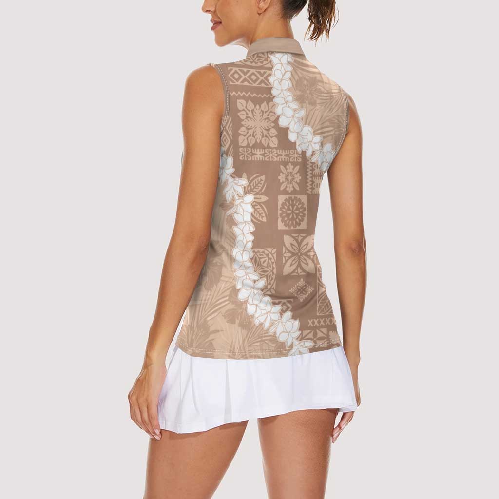 Hawaii Aloha Women Sleeveless Polo Shirt Beige Quilt Patch Work Mix Plumeria Lei