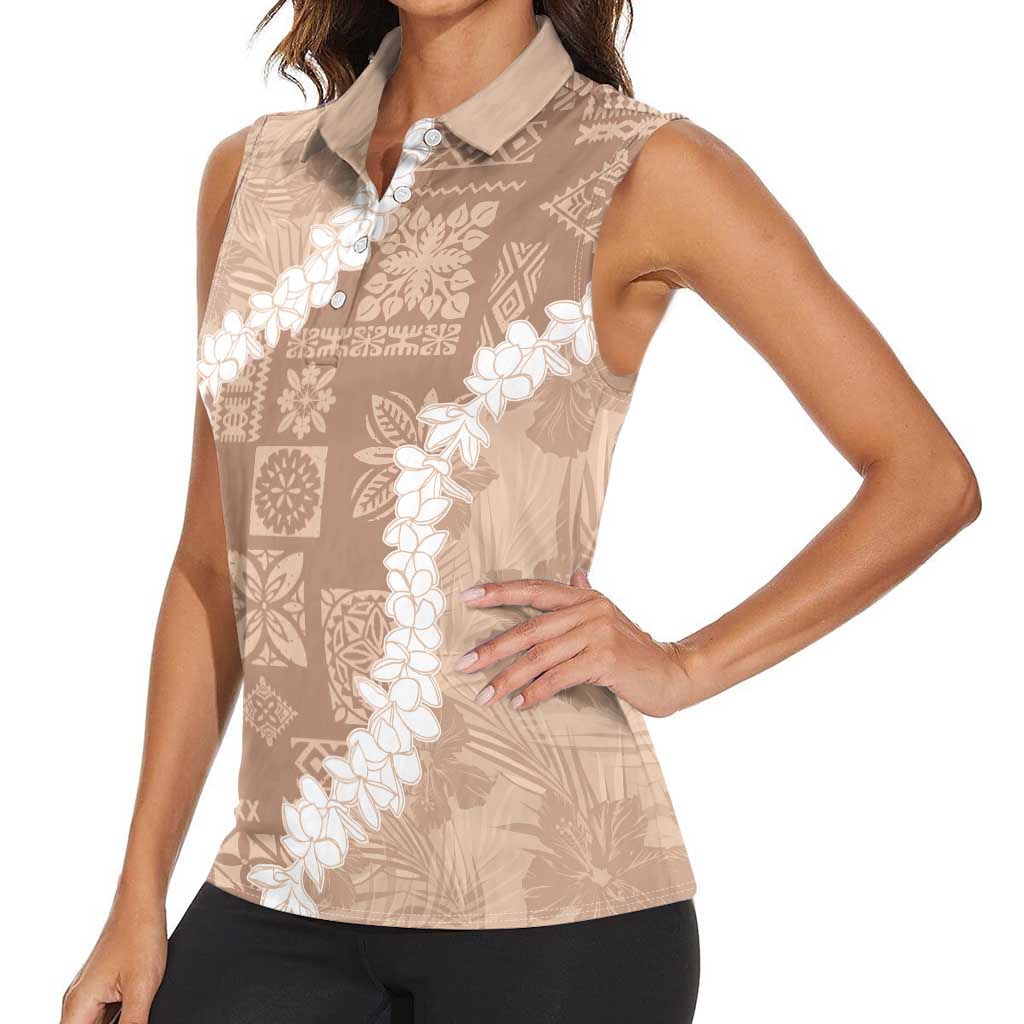 Hawaii Aloha Women Sleeveless Polo Shirt Beige Quilt Patch Work Mix Plumeria Lei