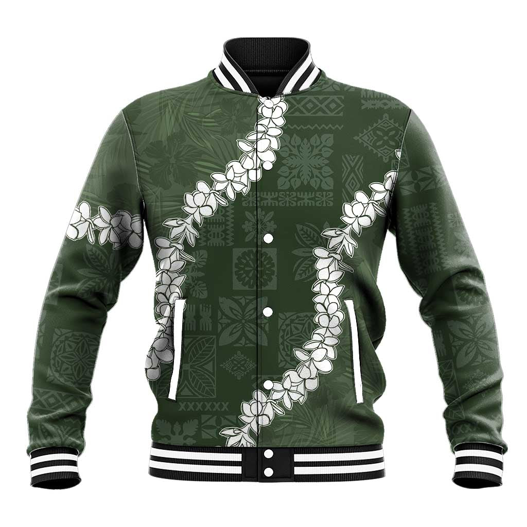 Hawaii Aloha Baseball Jacket Sage Quilt Patch Work Mix Plumeria Lei LT7 Unisex Sage - Polynesian Pride