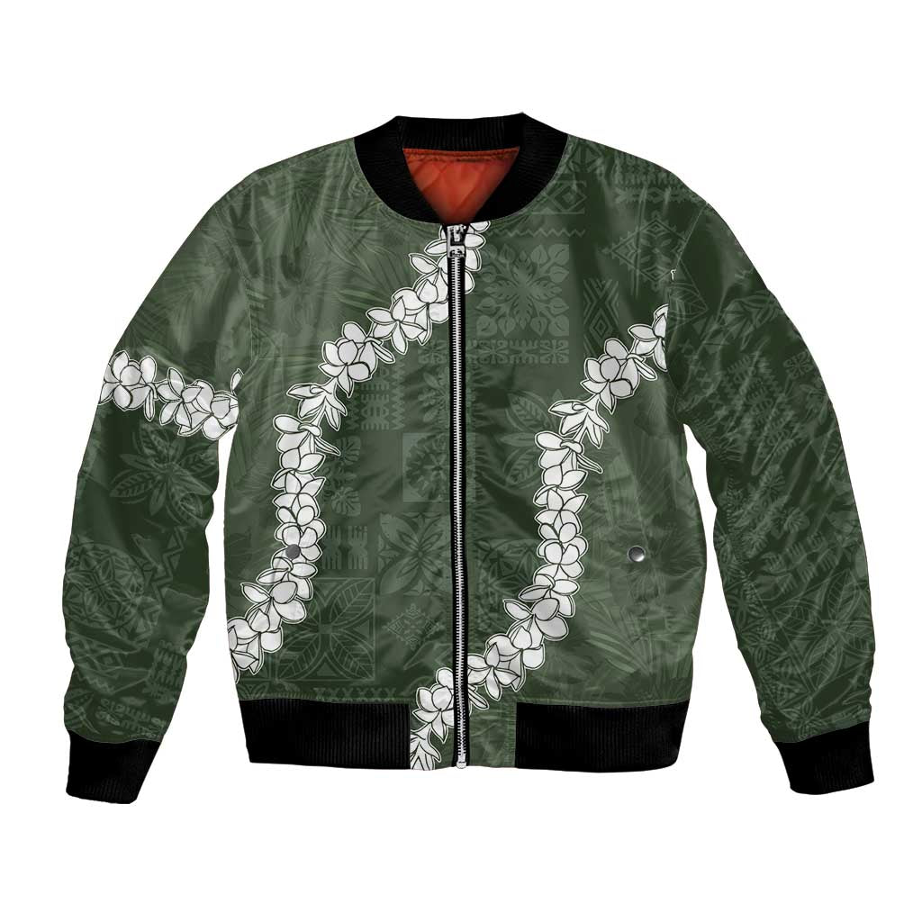 Hawaii Aloha Bomber Jacket Sage Quilt Patch Work Mix Plumeria Lei LT7 Unisex Sage - Polynesian Pride
