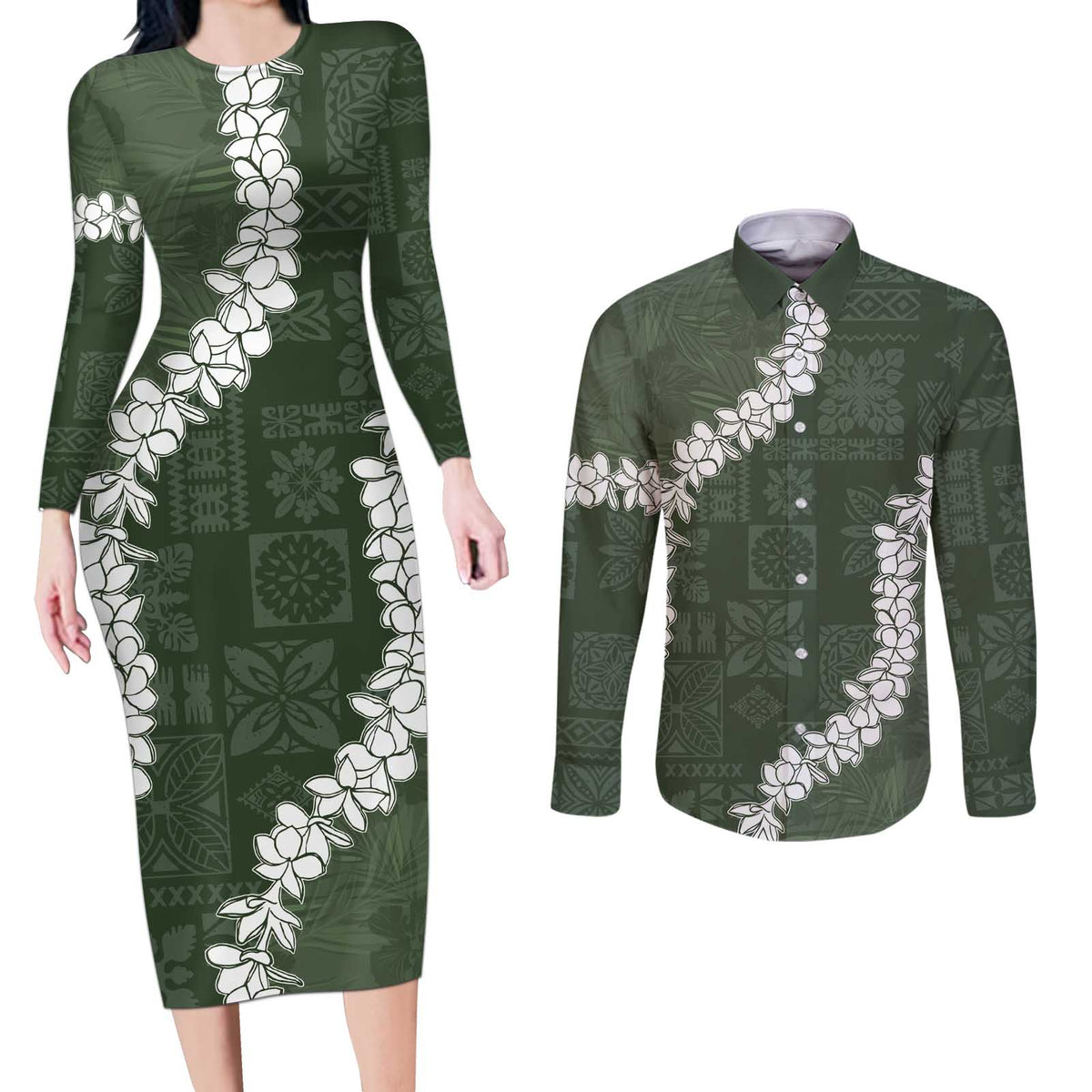 Hawaii Aloha Couples Matching Long Sleeve Bodycon Dress and Long Sleeve Button Shirt Sage Quilt Patch Work Mix Plumeria Lei LT7 Sage - Polynesian Pride