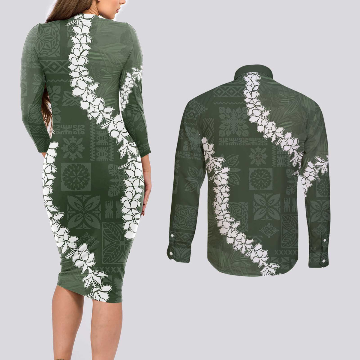 Hawaii Aloha Couples Matching Long Sleeve Bodycon Dress and Long Sleeve Button Shirt Sage Quilt Patch Work Mix Plumeria Lei LT7 - Polynesian Pride