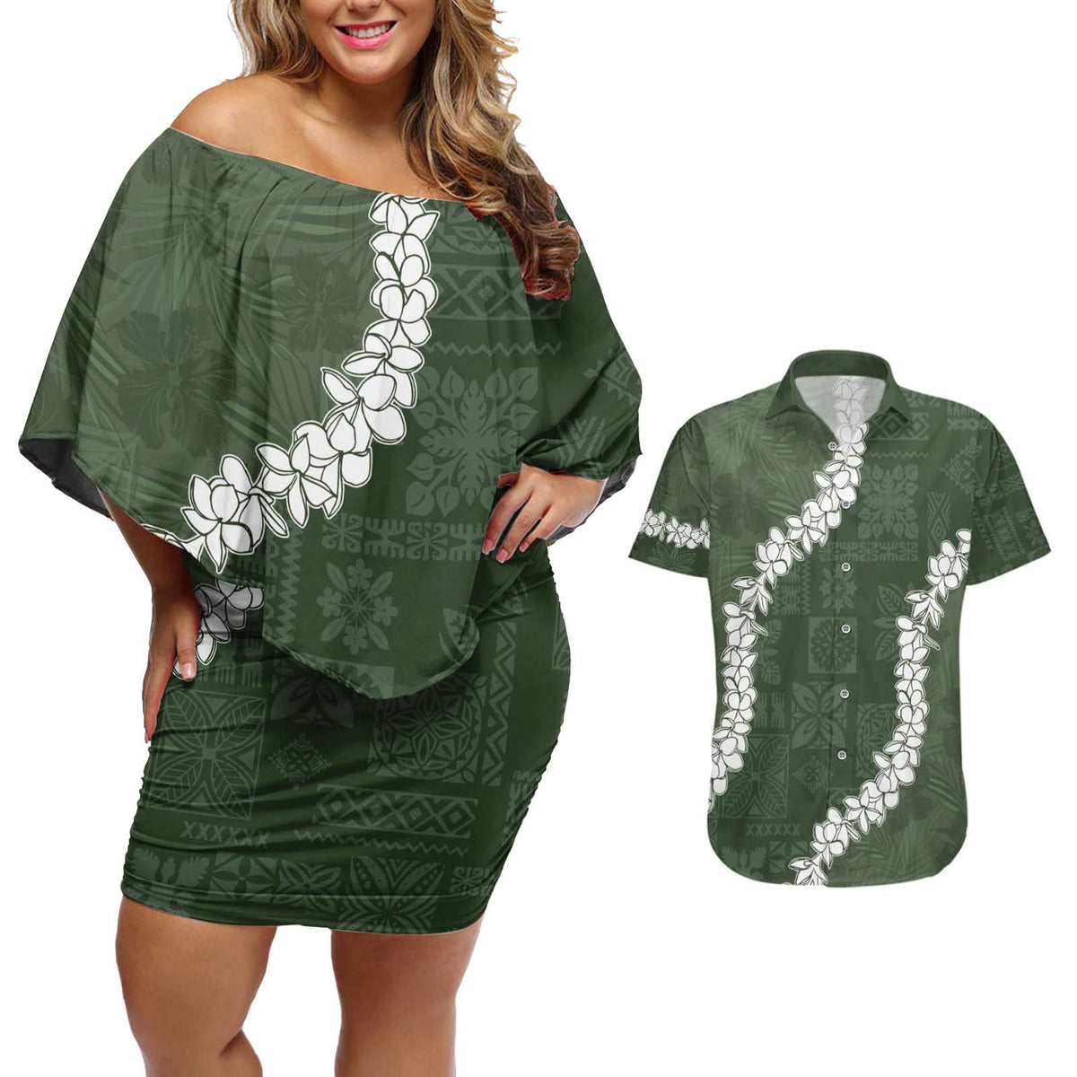 Hawaii Aloha Couples Matching Off Shoulder Short Dress and Hawaiian Shirt Sage Quilt Patch Work Mix Plumeria Lei LT7 Sage - Polynesian Pride