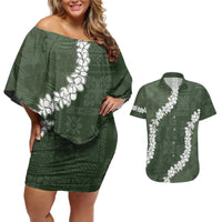 Hawaii Aloha Couples Matching Off Shoulder Short Dress and Hawaiian Shirt Sage Quilt Patch Work Mix Plumeria Lei LT7 Sage - Polynesian Pride