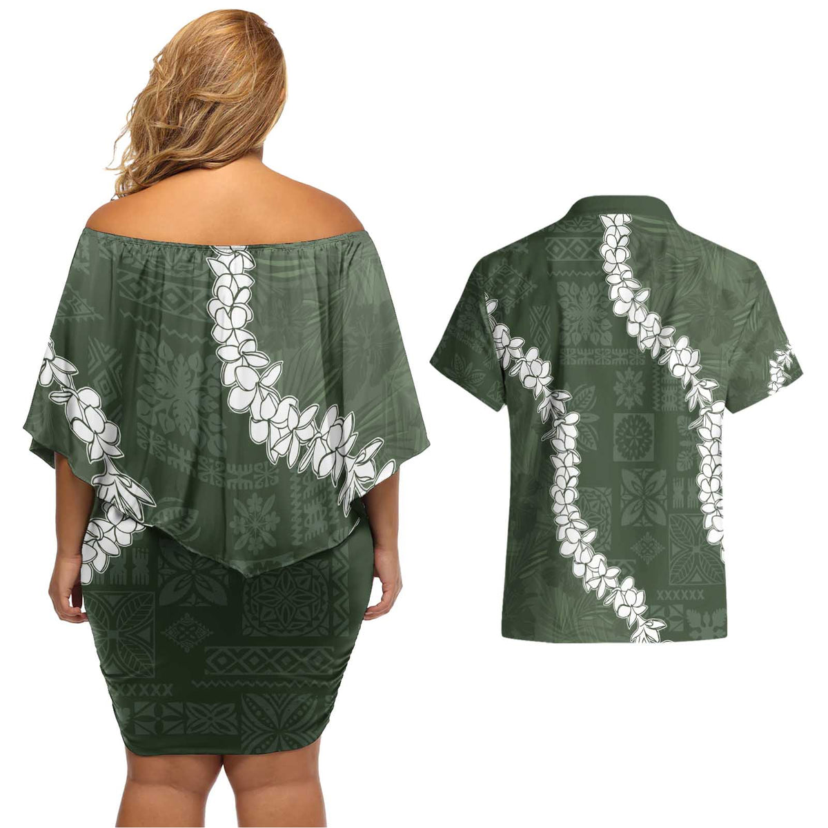 Hawaii Aloha Couples Matching Off Shoulder Short Dress and Hawaiian Shirt Sage Quilt Patch Work Mix Plumeria Lei LT7 - Polynesian Pride