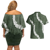 Hawaii Aloha Couples Matching Off Shoulder Short Dress and Hawaiian Shirt Sage Quilt Patch Work Mix Plumeria Lei LT7 - Polynesian Pride