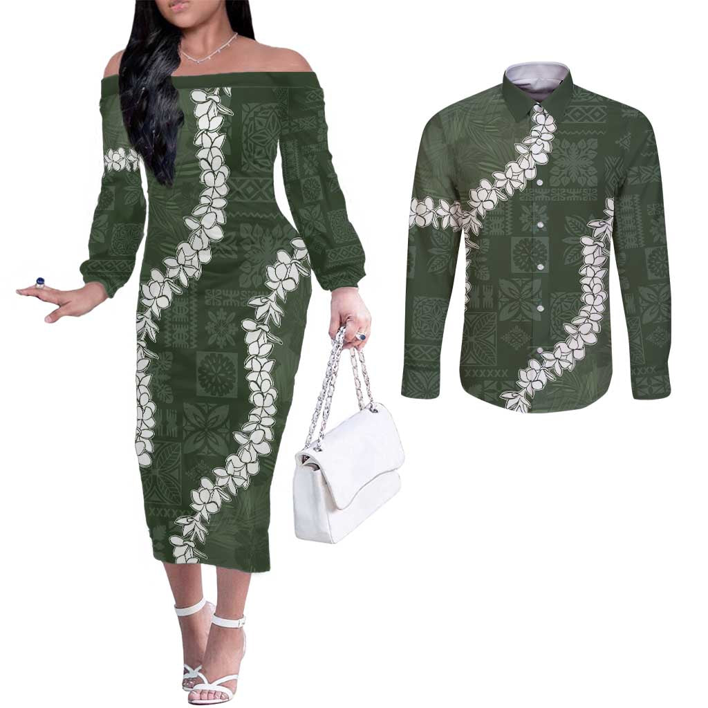 Hawaii Aloha Couples Matching Off The Shoulder Long Sleeve Dress and Long Sleeve Button Shirt Sage Quilt Patch Work Mix Plumeria Lei LT7 Sage - Polynesian Pride