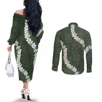 Hawaii Aloha Couples Matching Off The Shoulder Long Sleeve Dress and Long Sleeve Button Shirt Sage Quilt Patch Work Mix Plumeria Lei LT7 - Polynesian Pride