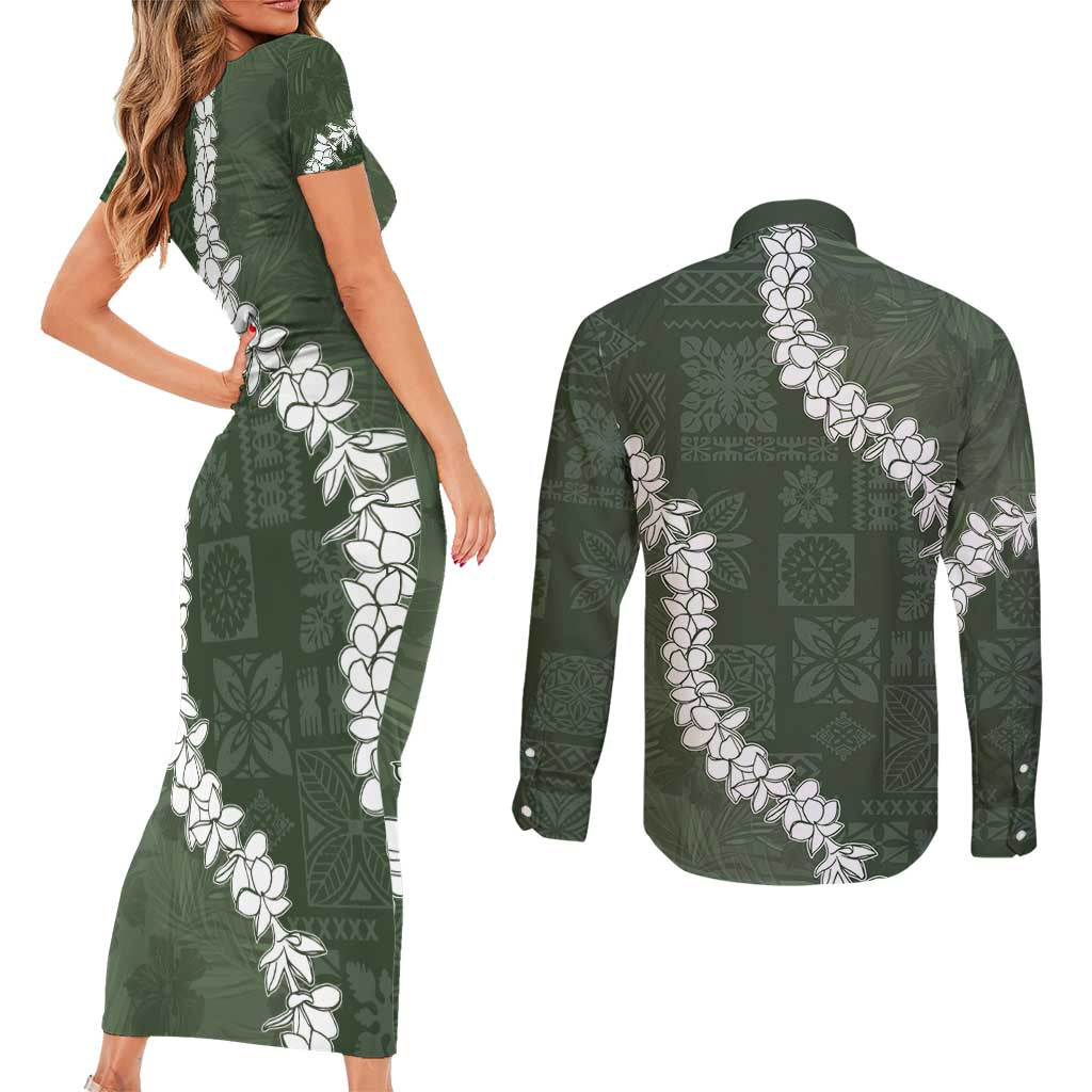 Hawaii Aloha Couples Matching Short Sleeve Bodycon Dress and Long Sleeve Button Shirt Sage Quilt Patch Work Mix Plumeria Lei LT7 - Polynesian Pride
