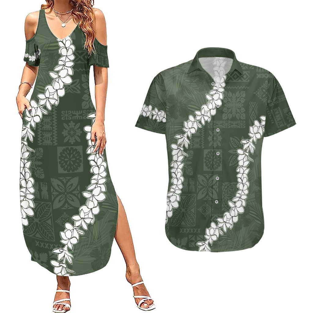 Hawaii Aloha Couples Matching Summer Maxi Dress and Hawaiian Shirt Sage Quilt Patch Work Mix Plumeria Lei LT7 Sage - Polynesian Pride
