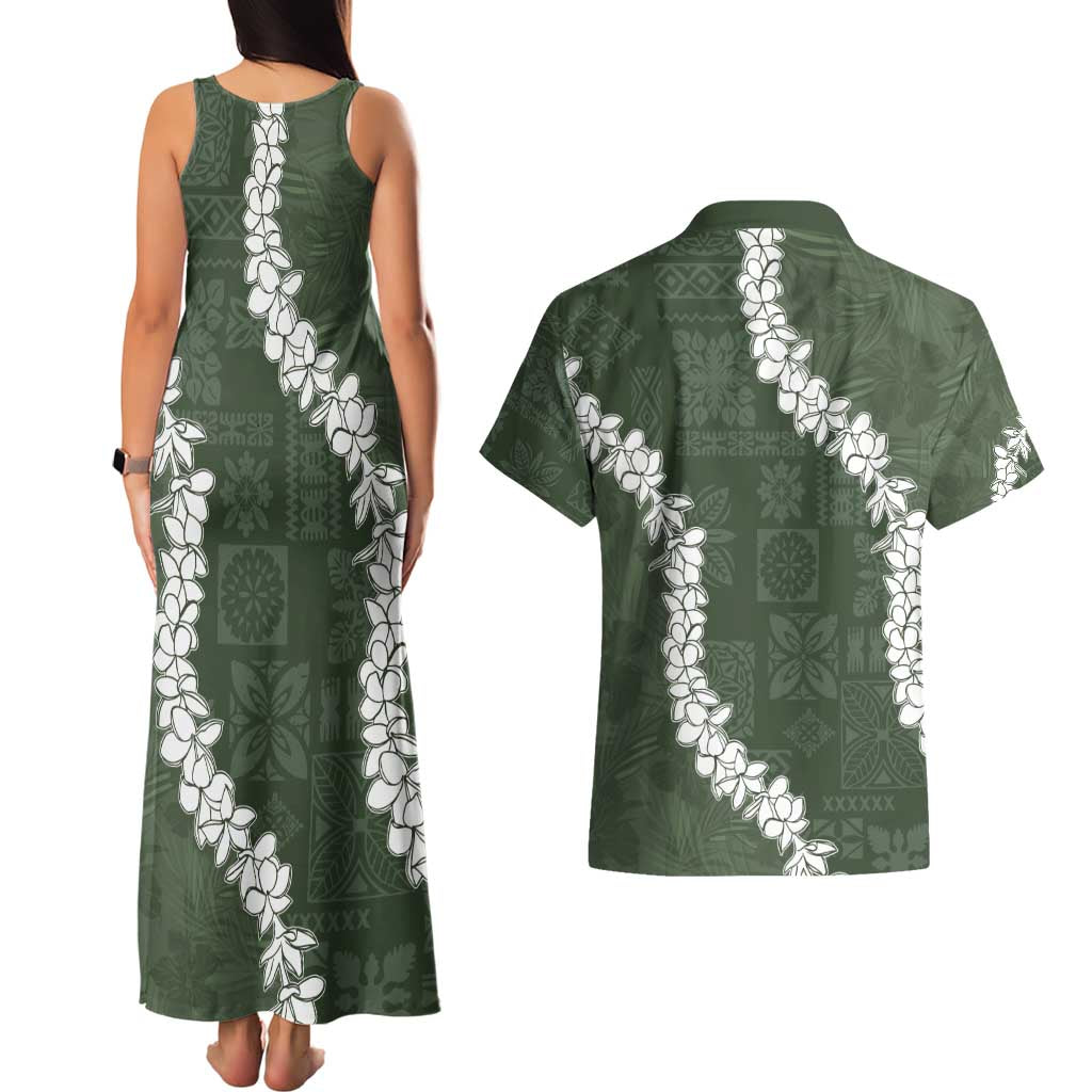 Hawaii Aloha Couples Matching Tank Maxi Dress and Hawaiian Shirt Sage Quilt Patch Work Mix Plumeria Lei LT7 - Polynesian Pride