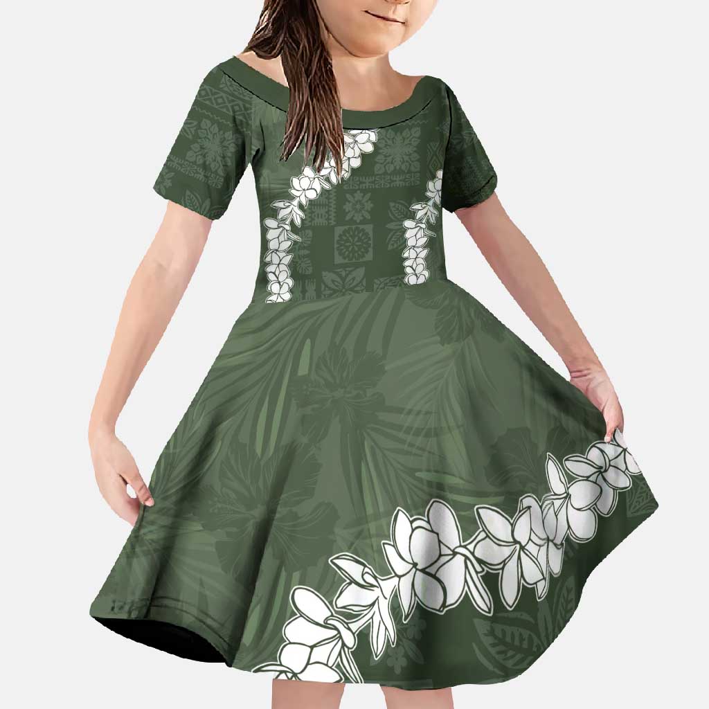 Hawaii Aloha Family Matching Off Shoulder Maxi Dress and Hawaiian Shirt Sage Quilt Patch Work Mix Plumeria Lei LT7 Daughter's Dress Sage - Polynesian Pride