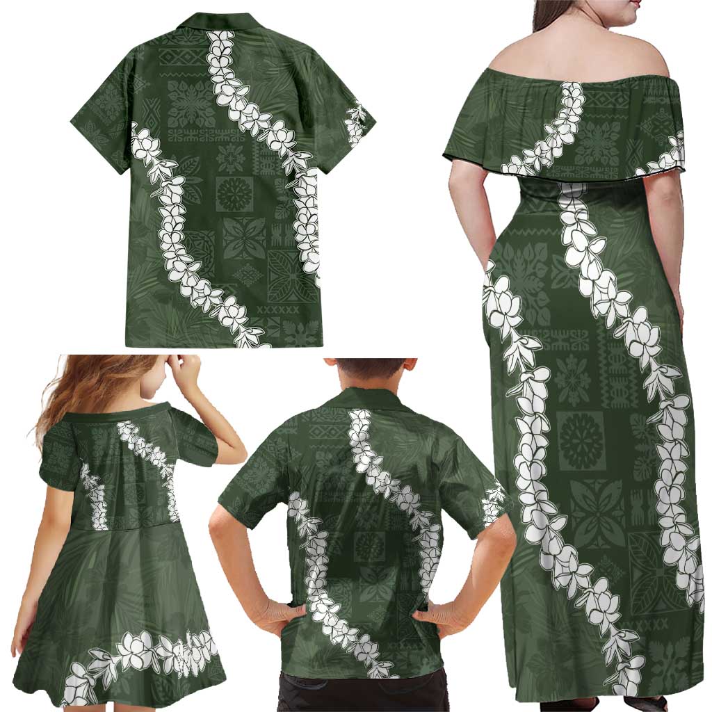 Hawaii Aloha Family Matching Off Shoulder Maxi Dress and Hawaiian Shirt Sage Quilt Patch Work Mix Plumeria Lei LT7 - Polynesian Pride