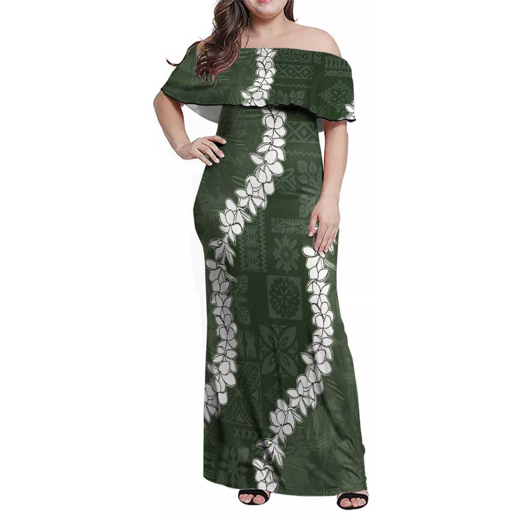 Hawaii Aloha Family Matching Off Shoulder Maxi Dress and Hawaiian Shirt Sage Quilt Patch Work Mix Plumeria Lei LT7 Mom's Dress Sage - Polynesian Pride