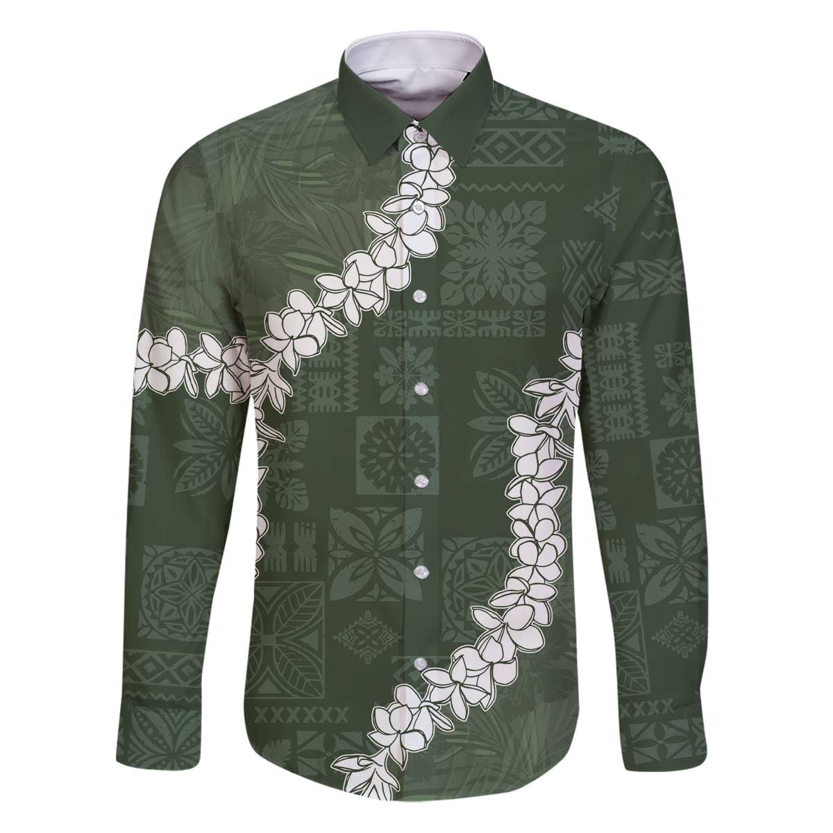 Hawaii Aloha Family Matching Puletasi and Hawaiian Shirt Sage Quilt Patch Work Mix Plumeria Lei LT7 Dad's Shirt - Long Sleeve Sage - Polynesian Pride