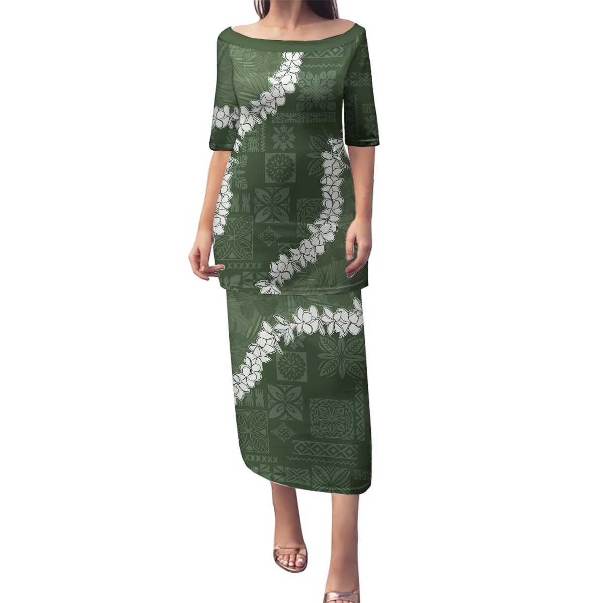 Hawaii Aloha Family Matching Puletasi and Hawaiian Shirt Sage Quilt Patch Work Mix Plumeria Lei LT7 Mom's Dress Sage - Polynesian Pride