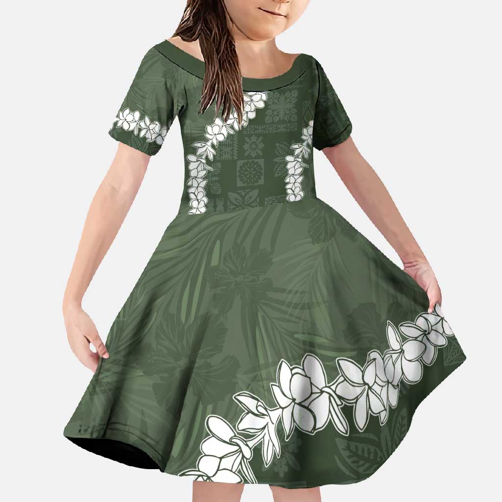 Hawaii Aloha Family Matching Summer Maxi Dress and Hawaiian Shirt Sage Quilt Patch Work Mix Plumeria Lei LT7 Daughter's Dress Sage - Polynesian Pride