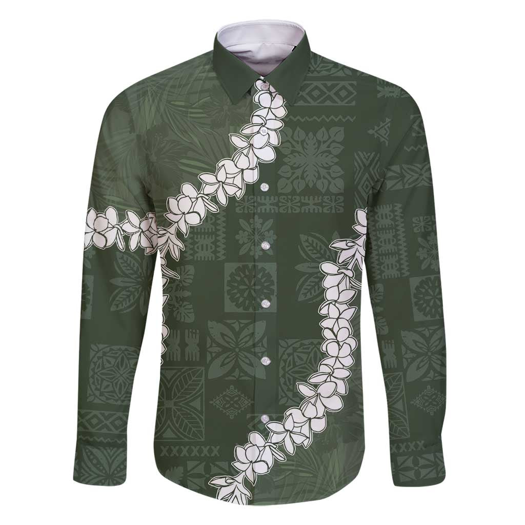 Hawaii Aloha Family Matching Summer Maxi Dress and Hawaiian Shirt Sage Quilt Patch Work Mix Plumeria Lei LT7 Dad's Shirt - Long Sleeve Sage - Polynesian Pride