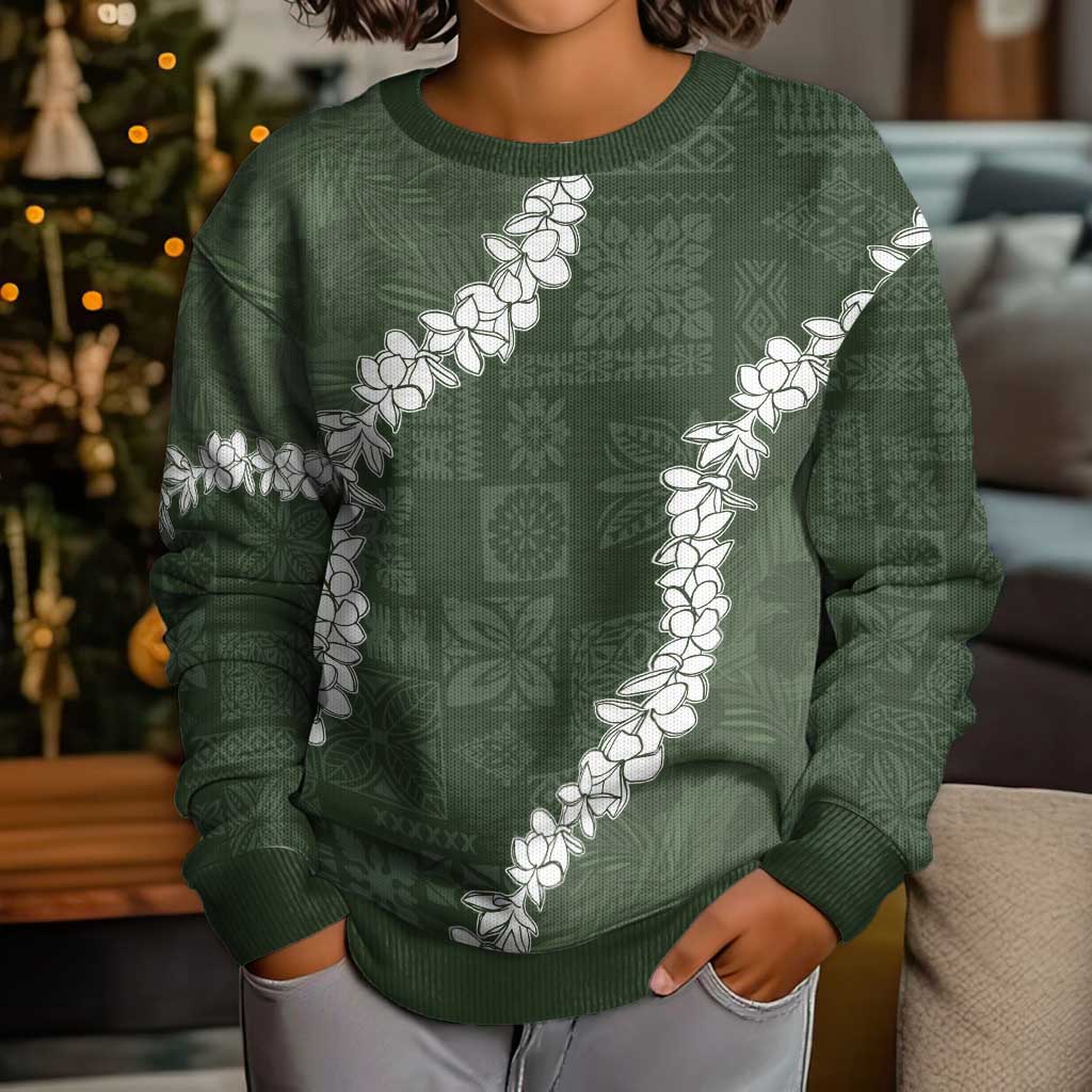 Hawaii Aloha Kid Ugly Christmas Sweater Sage Quilt Patch Work Mix Plumeria Lei LT7 - Polynesian Pride