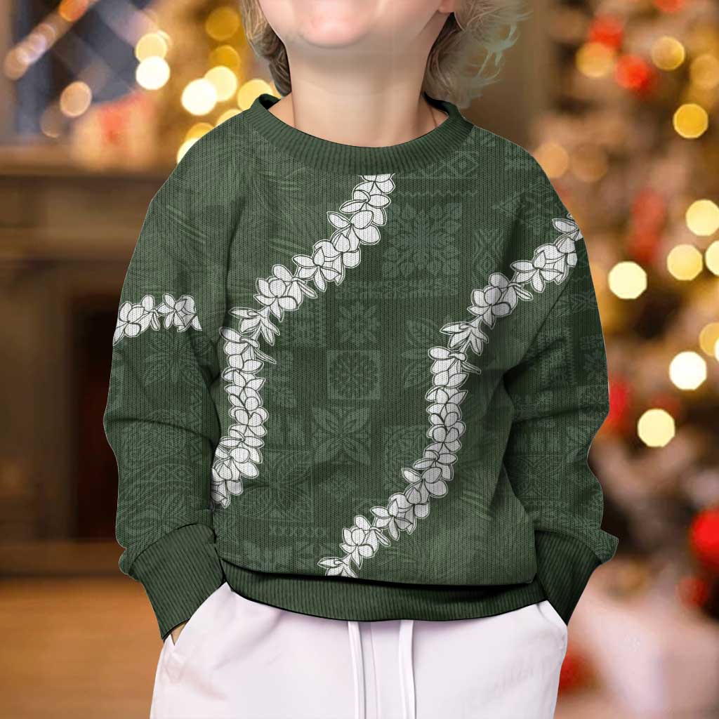 Hawaii Aloha Kid Ugly Christmas Sweater Sage Quilt Patch Work Mix Plumeria Lei LT7 - Polynesian Pride