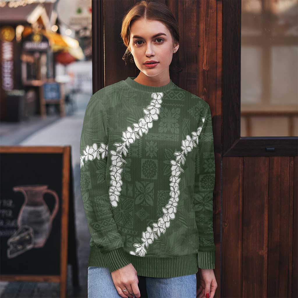 Hawaii Aloha Ugly Christmas Sweater Sage Quilt Patch Work Mix Plumeria Lei