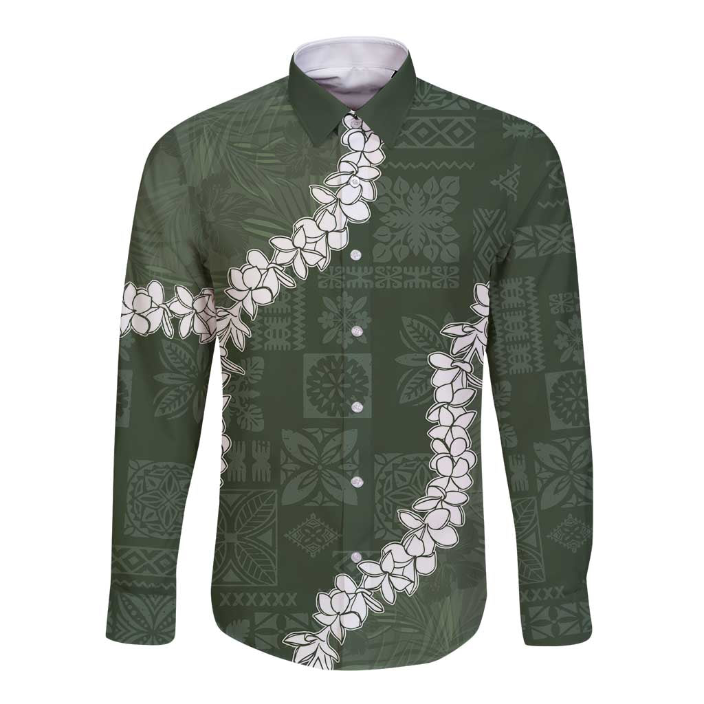 Hawaii Aloha Long Sleeve Button Shirt Sage Quilt Patch Work Mix Plumeria Lei LT7 Unisex Sage - Polynesian Pride