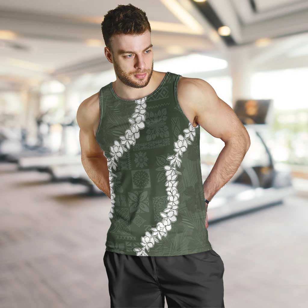 Hawaii Aloha Men Tank Top Sage Quilt Patch Work Mix Plumeria Lei LT7 Sage - Polynesian Pride