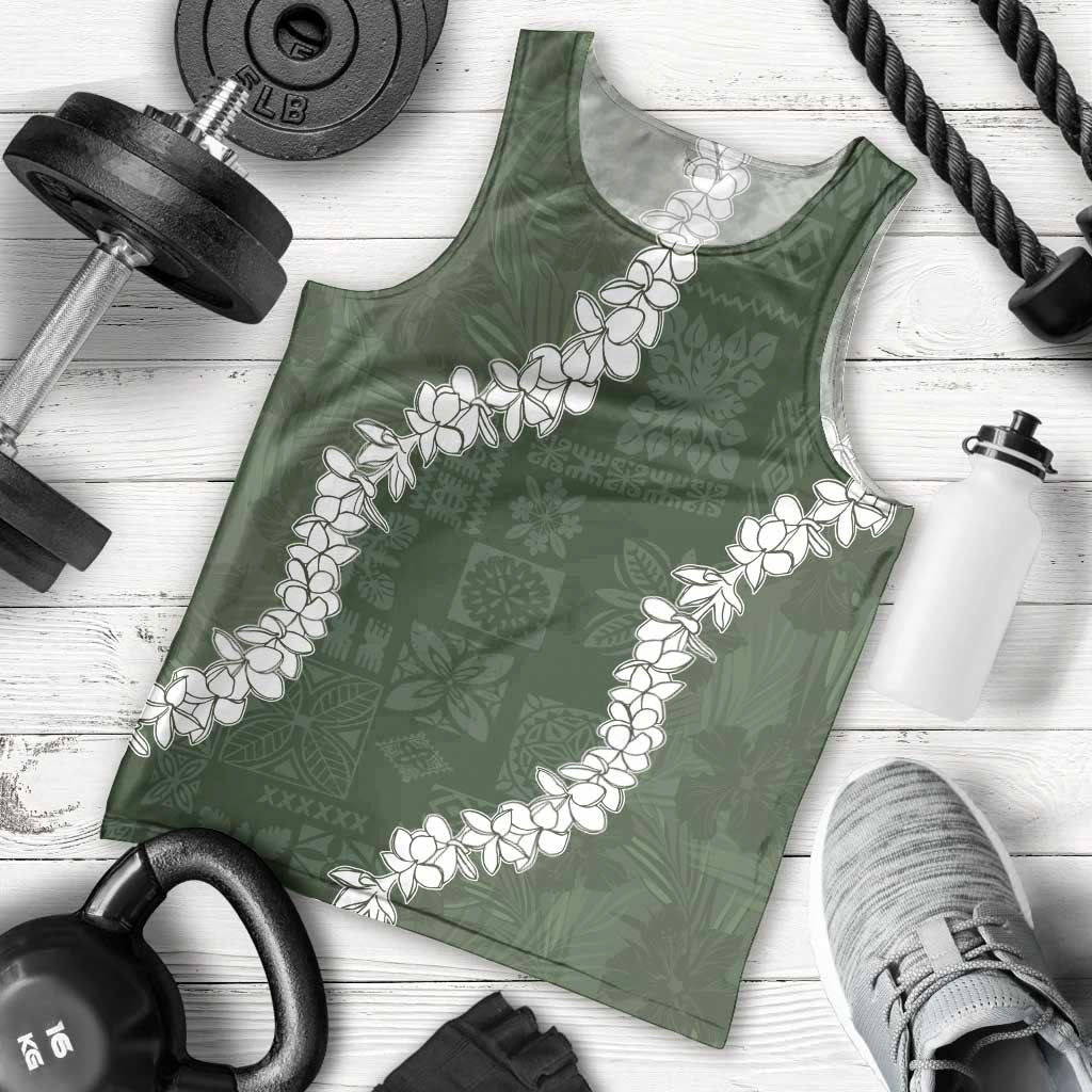 Hawaii Aloha Men Tank Top Sage Quilt Patch Work Mix Plumeria Lei LT7 - Polynesian Pride